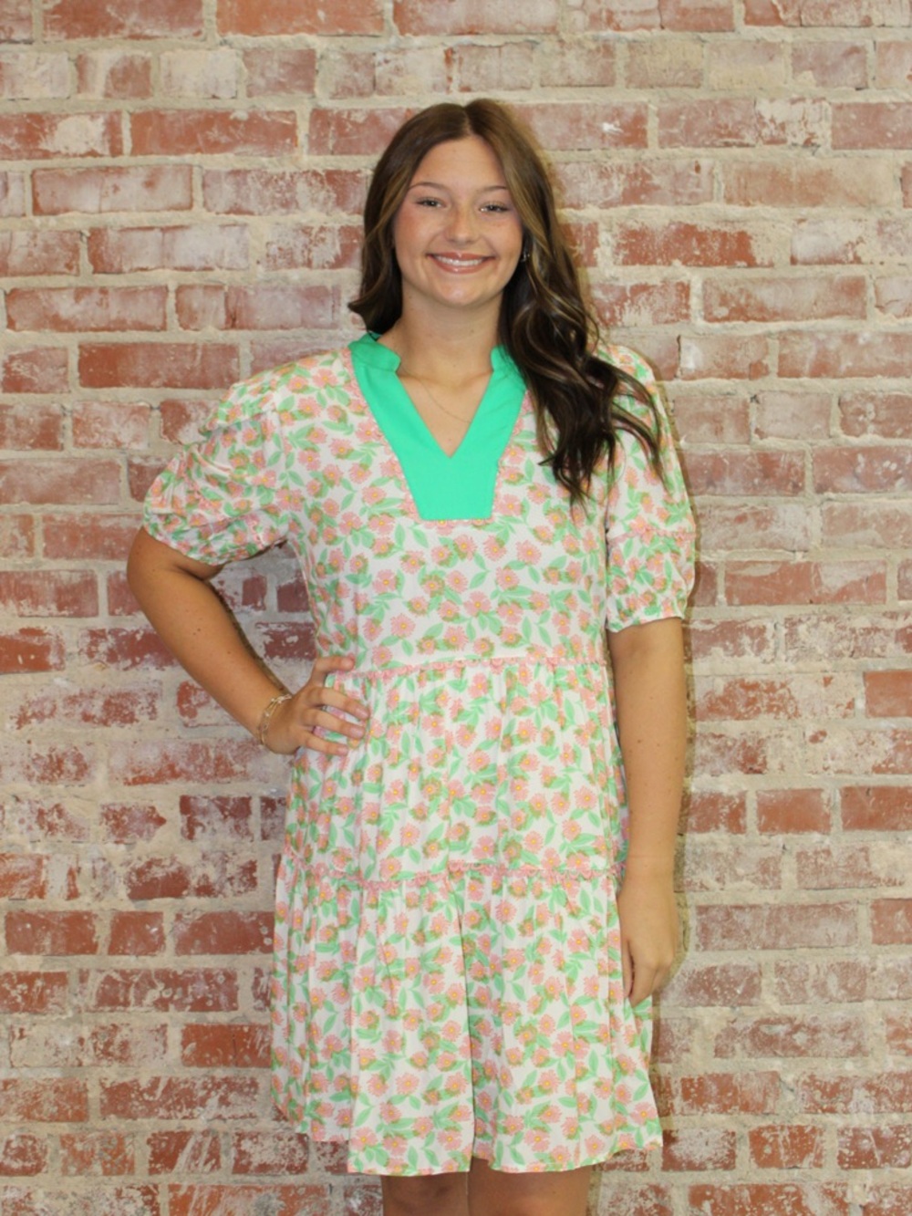 LA Society Green Missy Ricrac Trim Floral Puff Sleeve Dress